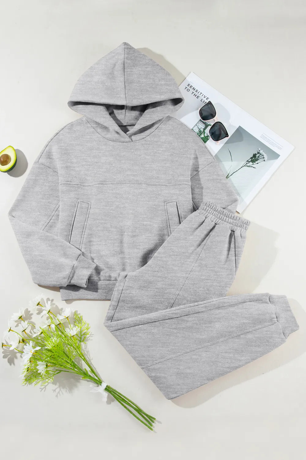 Dropped-Shoulder Hoodie and Pants Active Set in Gray