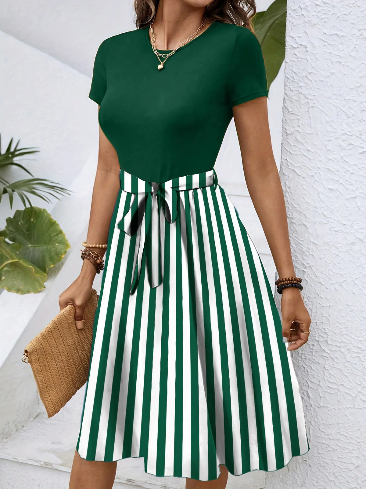 Striped Round-Neck Tie-Detail Dress by Classic Comfort