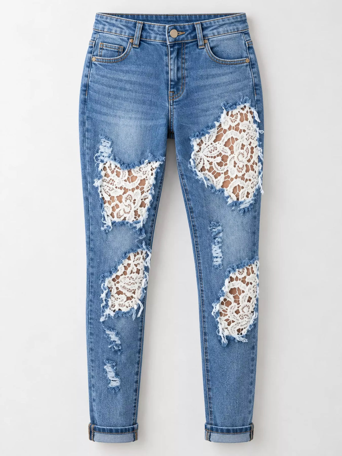 Distressed Lace Skinny Jeans in Blue