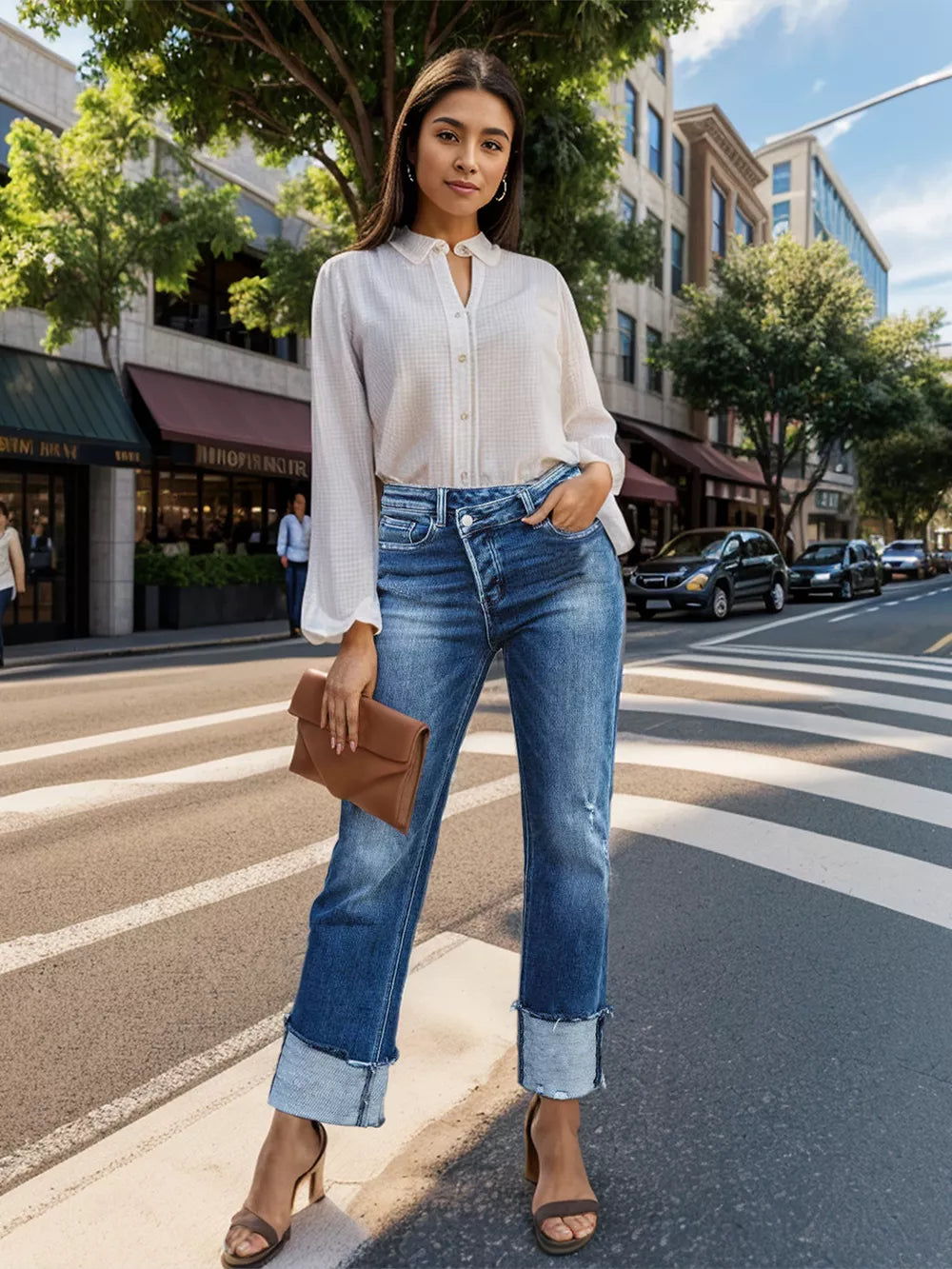 Stepped Waist Raw Hem Jeans in Medium Wash by Y.Y@Denim