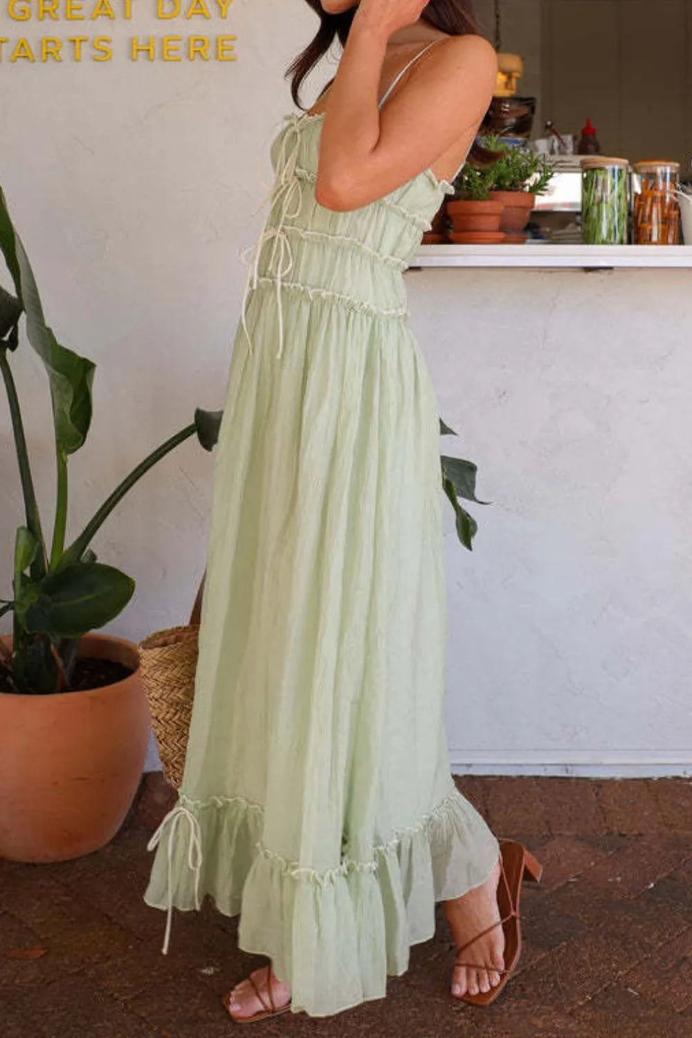 Ruffled Hem Frill Midi Cami Dress in Light Green