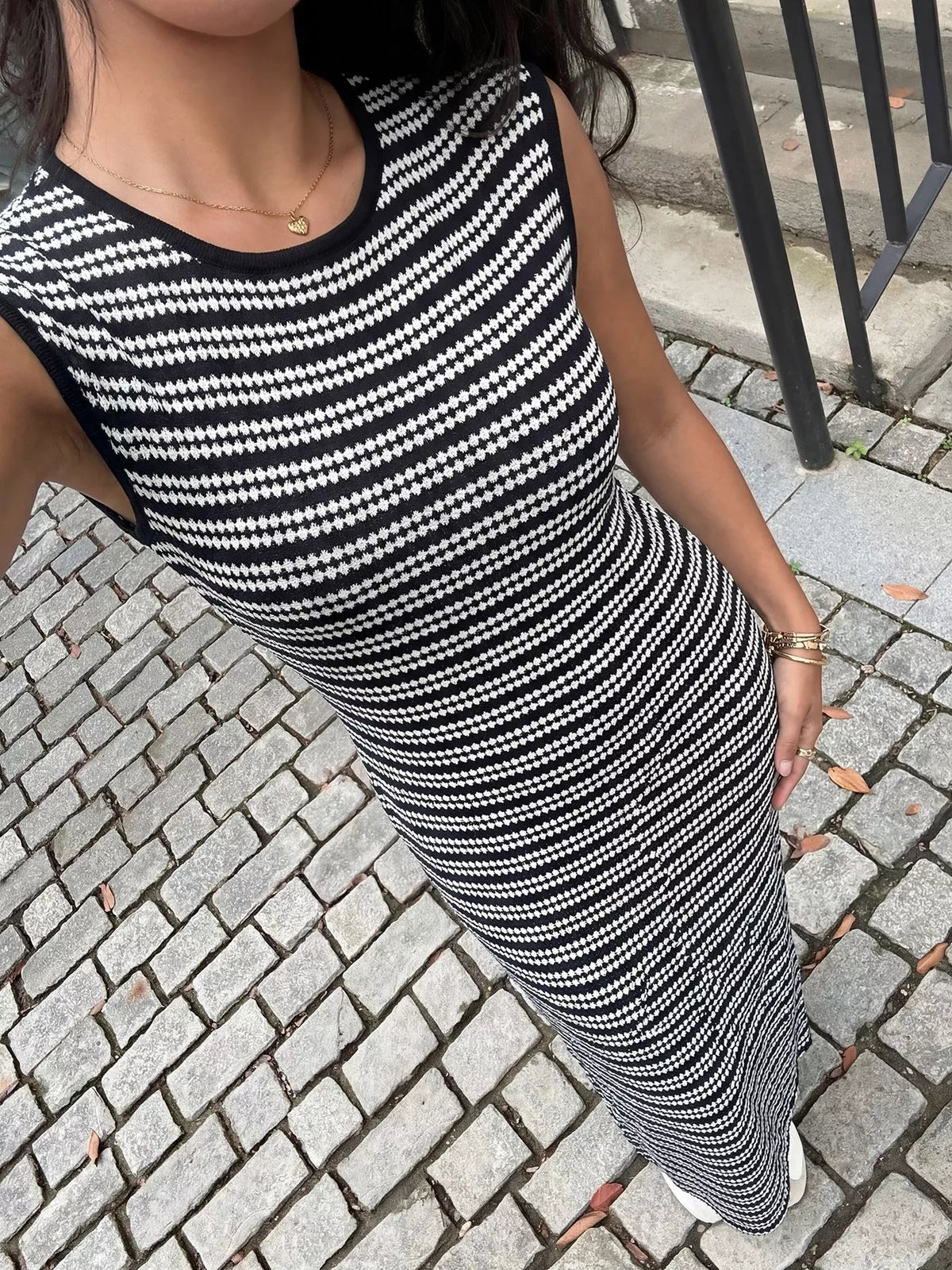 Striped Sleeveless Bodycon Maxi Dress in Black