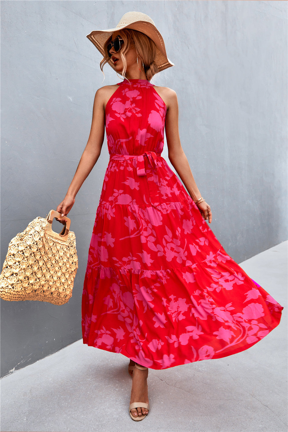 Printed Sleeveless Tie Waist Maxi Dress in Rose Floral in Rose/Floral