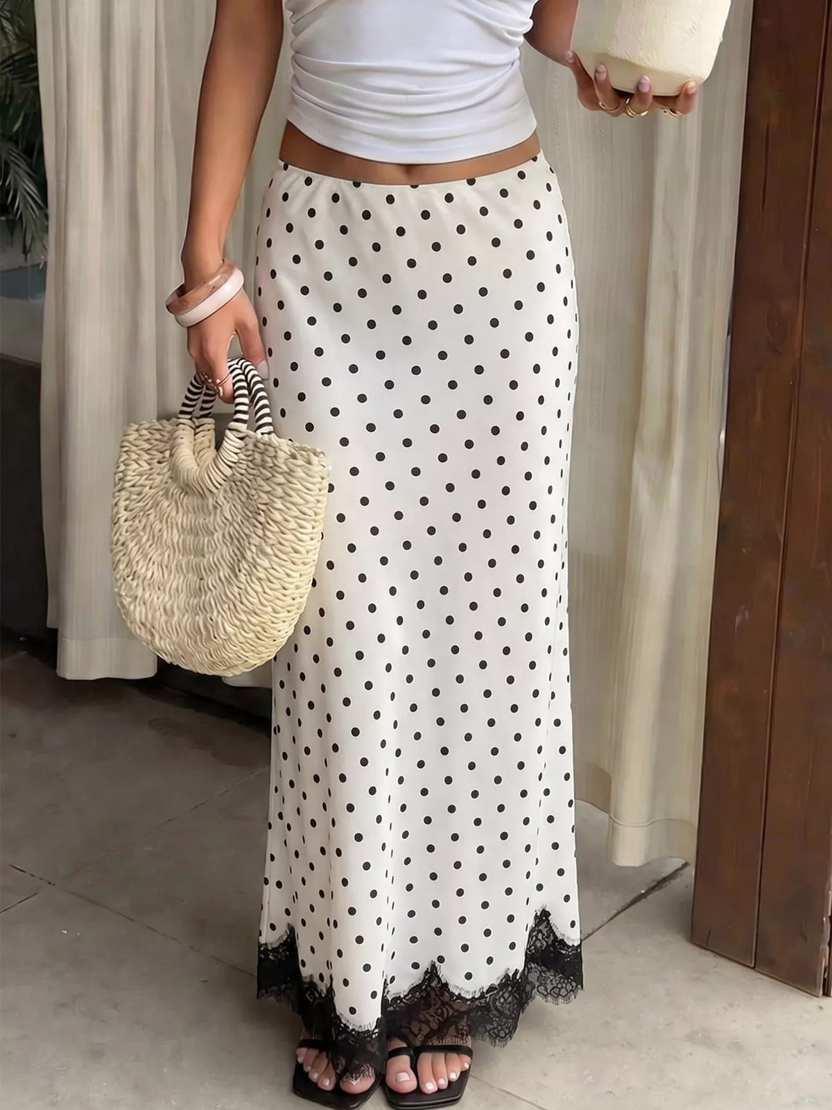 Lace Hem Polka Dot Maxi Skirt in White