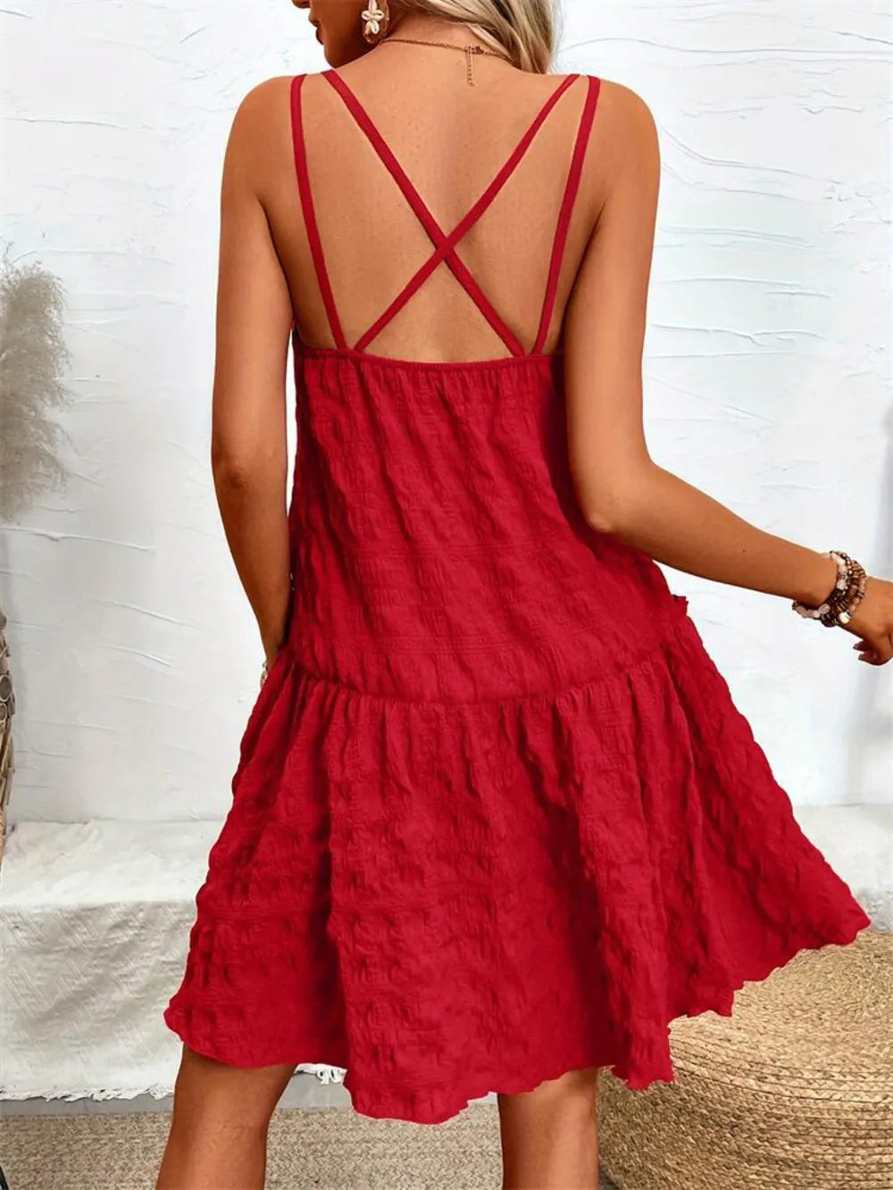 Crisscross Tiered Cami Dress in Scarlet
