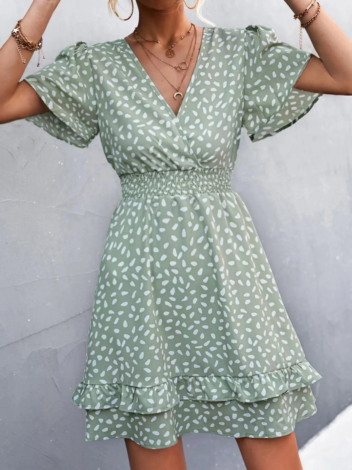 V-Neck Flutter Sleeve Mini Dress by Elaine