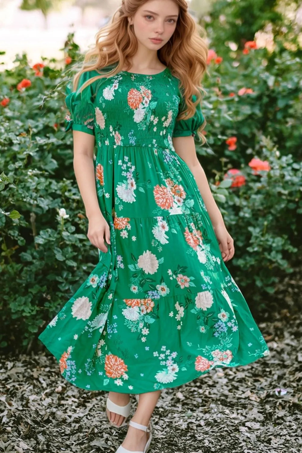 Floral Bubble Sleeve Midi Dress in Dark Green
