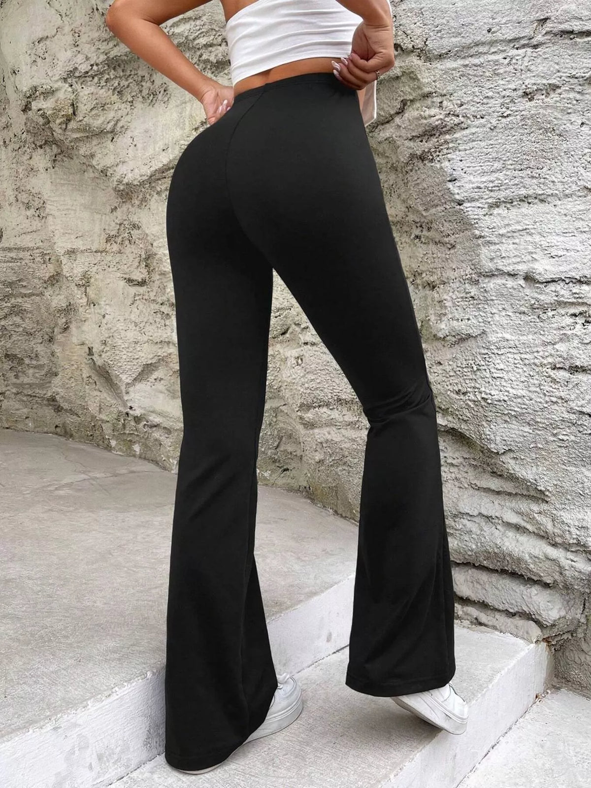 High-Waisted V-Cut Flare Leg Pants in Black