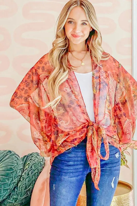 And The Why Front Tie Knot Oversized Print Top in Rust