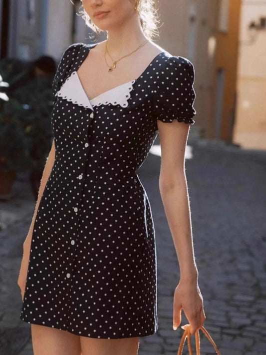 Polka Dot Puff Sleeve Mini Dress in Black