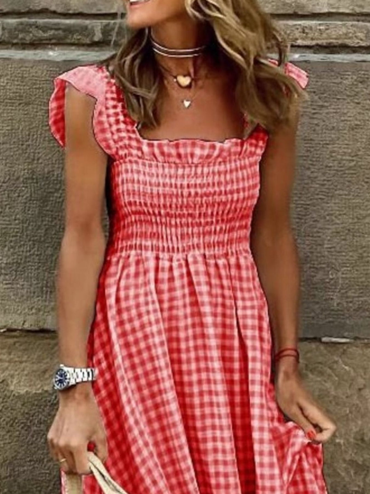 Plaid Ruffle-Sleeve Maxi Dress