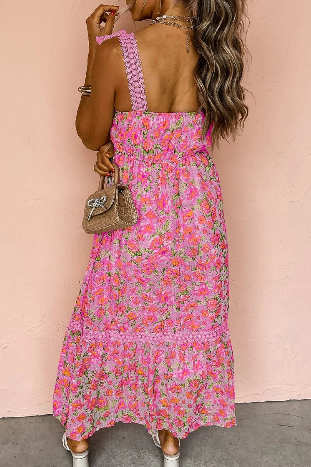 Floral Lace Square Neck Maxi Dress in Fuchsia Pink