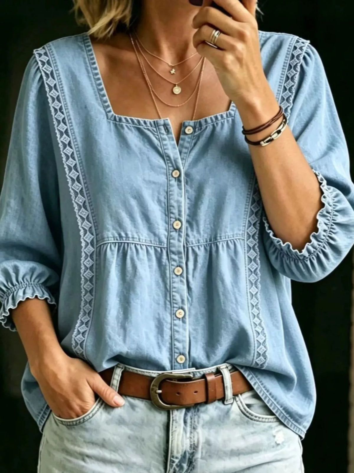 Square Neck Button-Down Denim Shirt