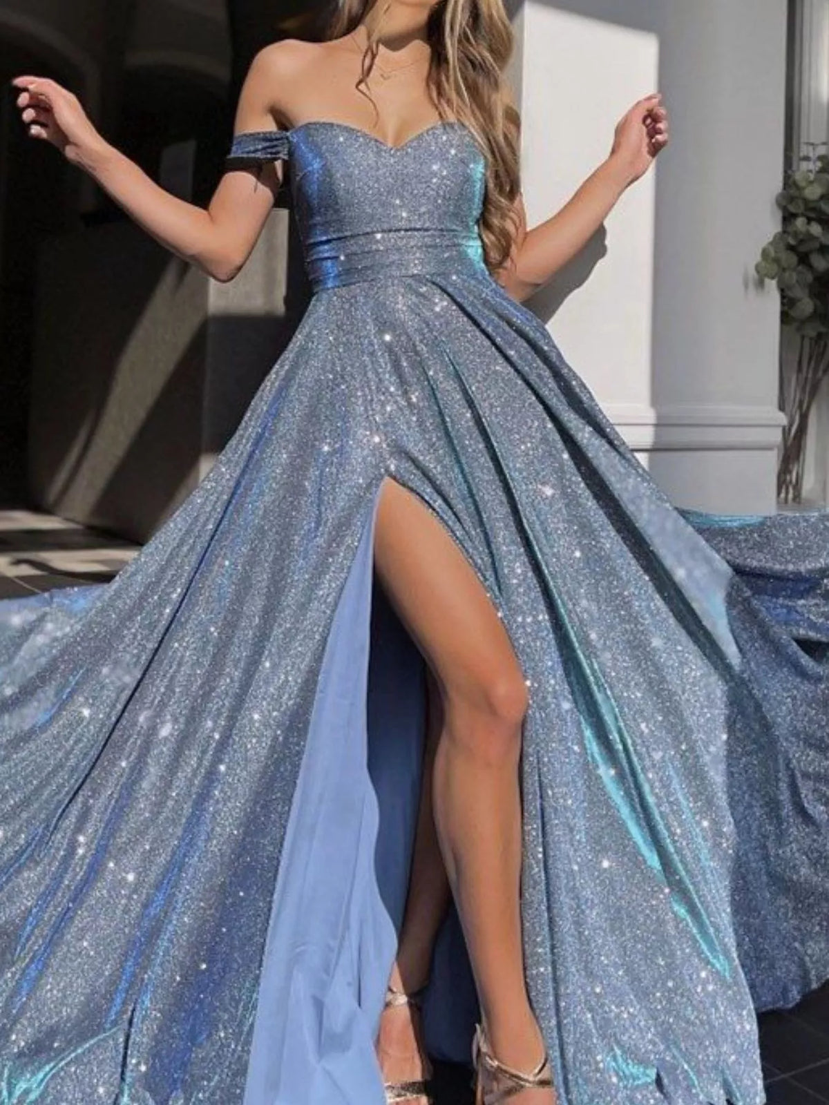Off-Shoulder Glitter Maxi Dress in Light Blue
