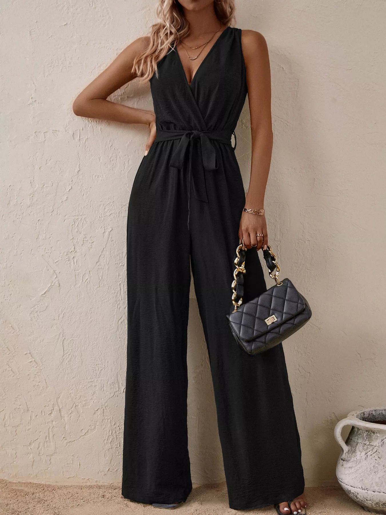Sleeveless Tie-Waist Wide-Leg Jumpsuit