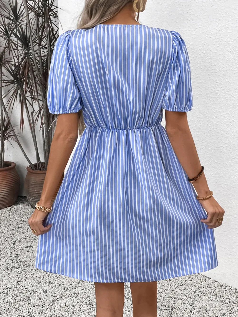 Tied Striped Short Sleeve Mini Dress in Light Blue