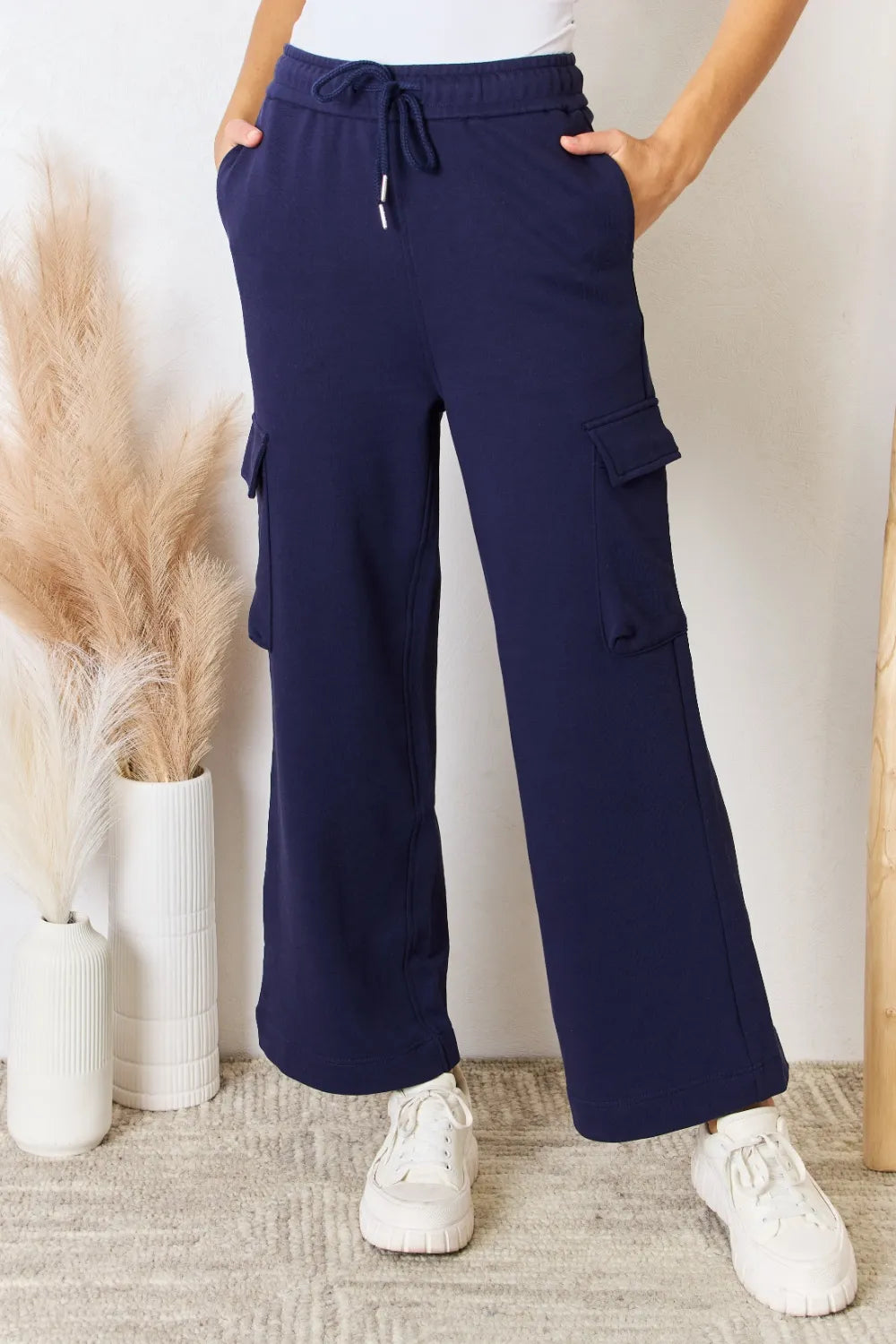 Risen Drawstring Cargo Wide Leg Pants in Dark Blue