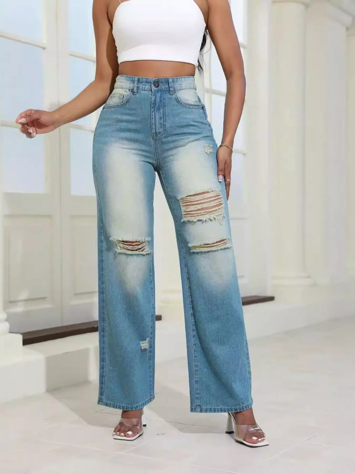 High-Waisted Distressed Wide-Leg Jeans