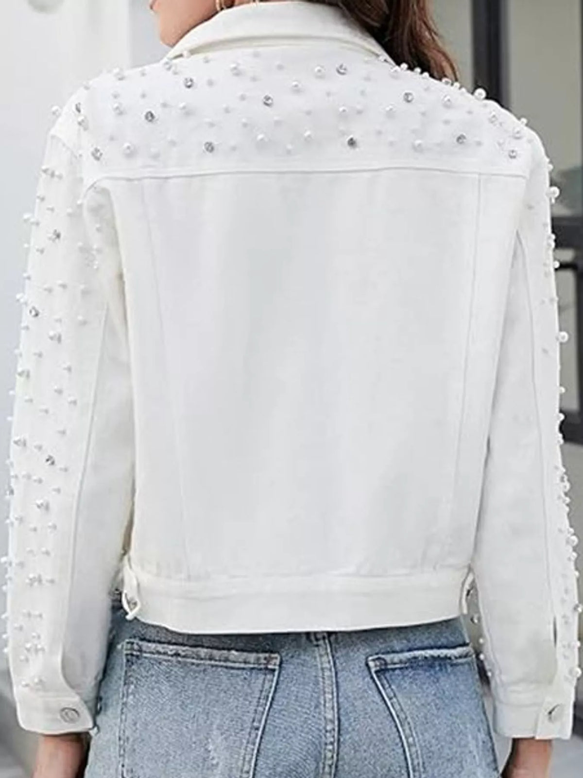 Pearl Detail Button-Up Denim Jacket