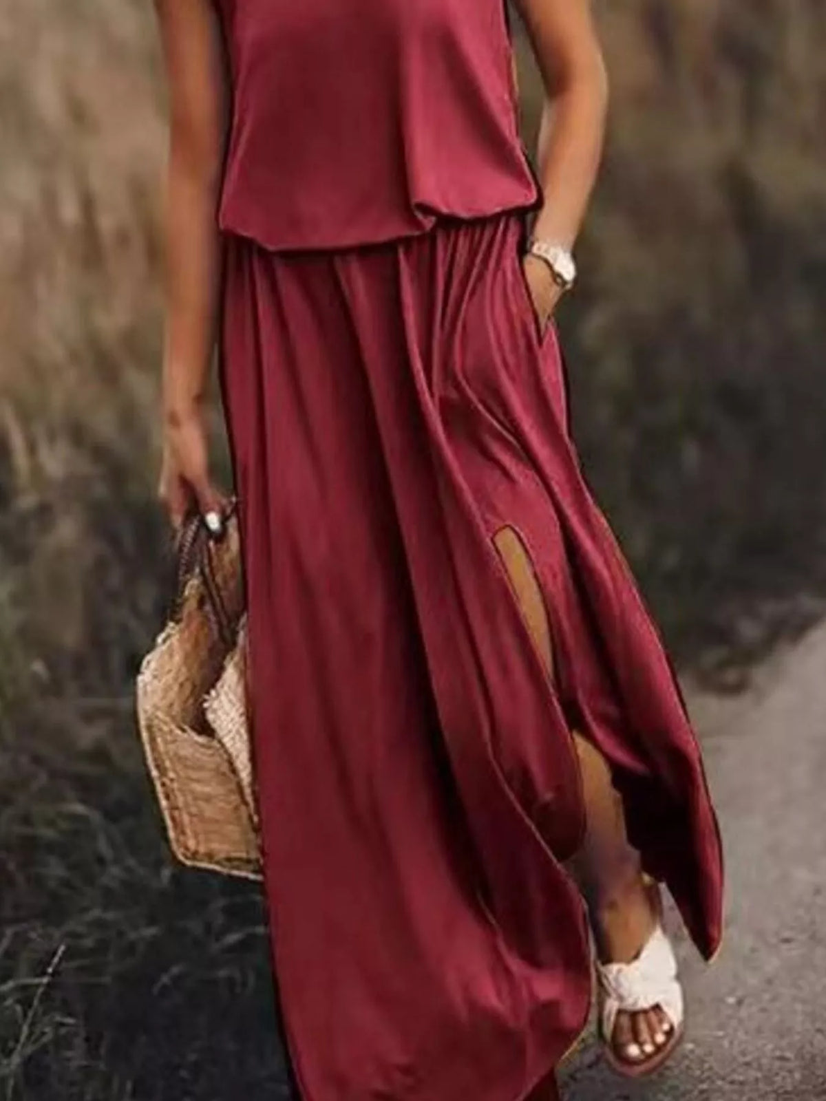 Round Neck Sleeveless Slit Maxi Dress
