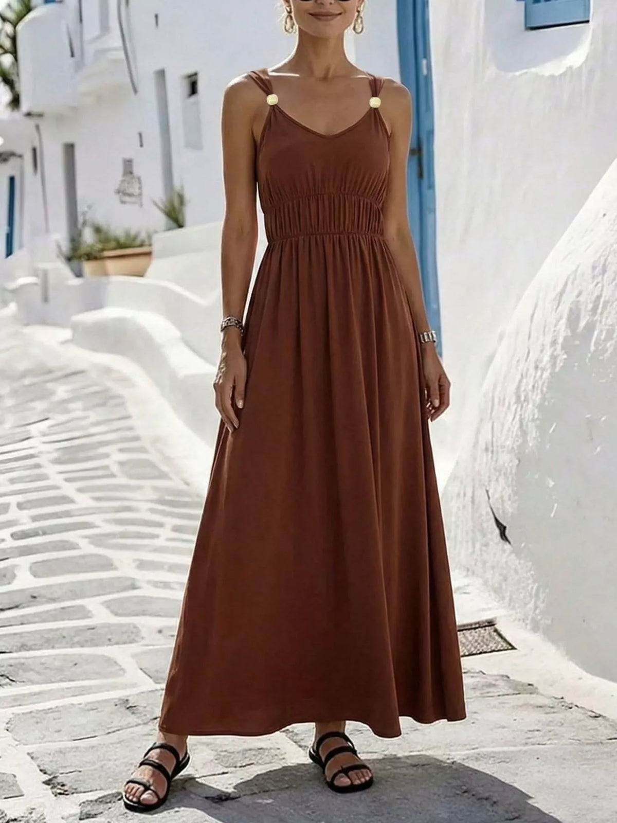 Ruched V-Neck Maxi Dress in Brown