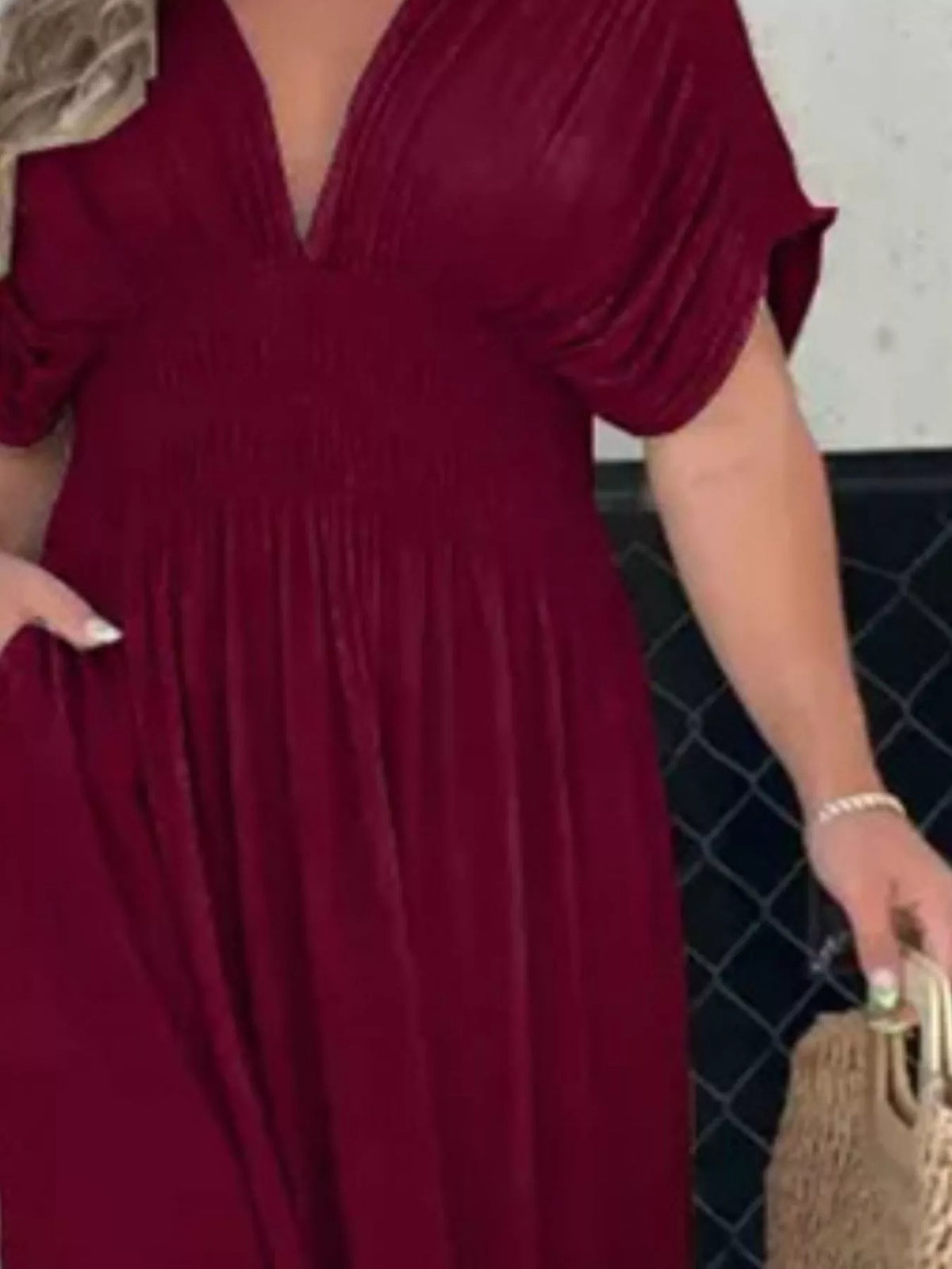 Smocked Waist V-Neck Slit Maxi Dress