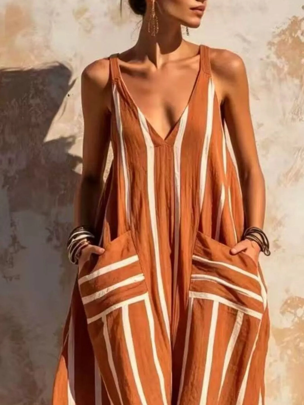Striped V-Neck Sleeveless Wide-Leg Jumpsuit
