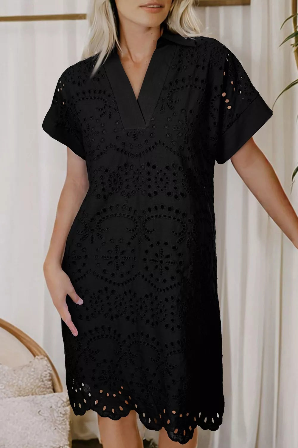 Eyelet Trim Short Sleeve Dress in Black