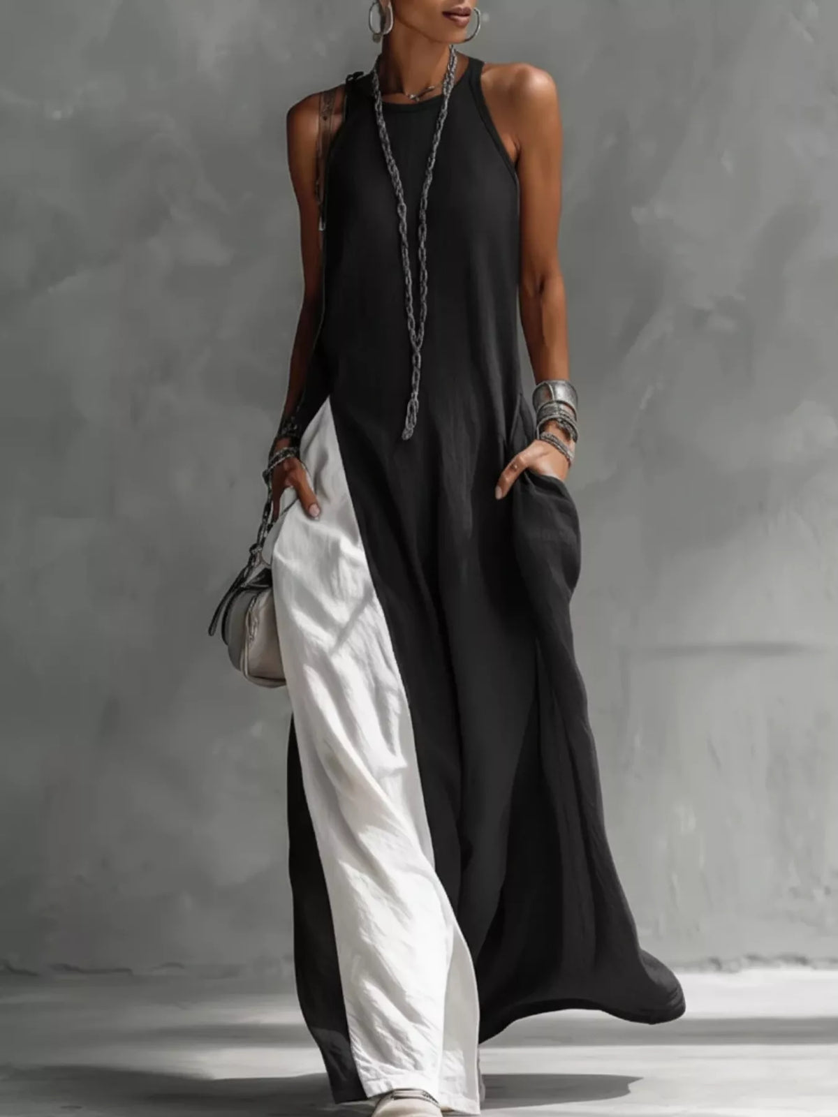 Two-Tone Sleeveless Maxi Dress with Pockets
