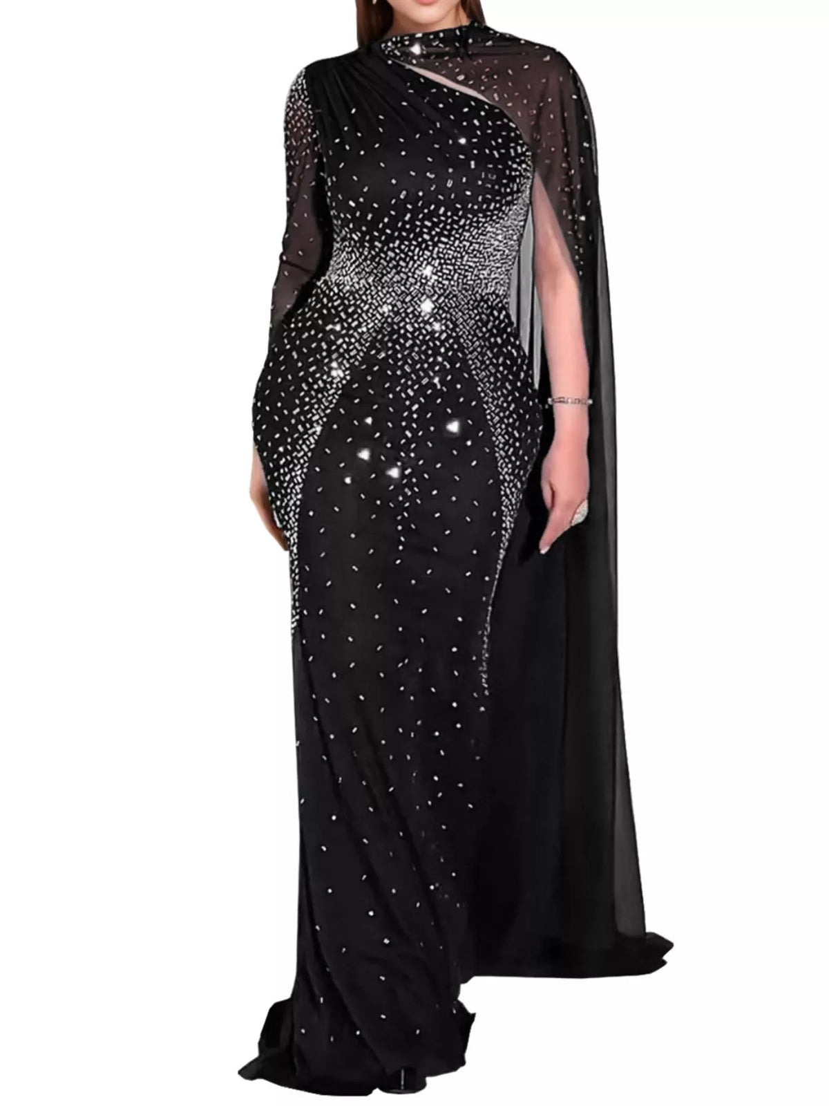 Rhinestone Cape Maxi Dress in Black