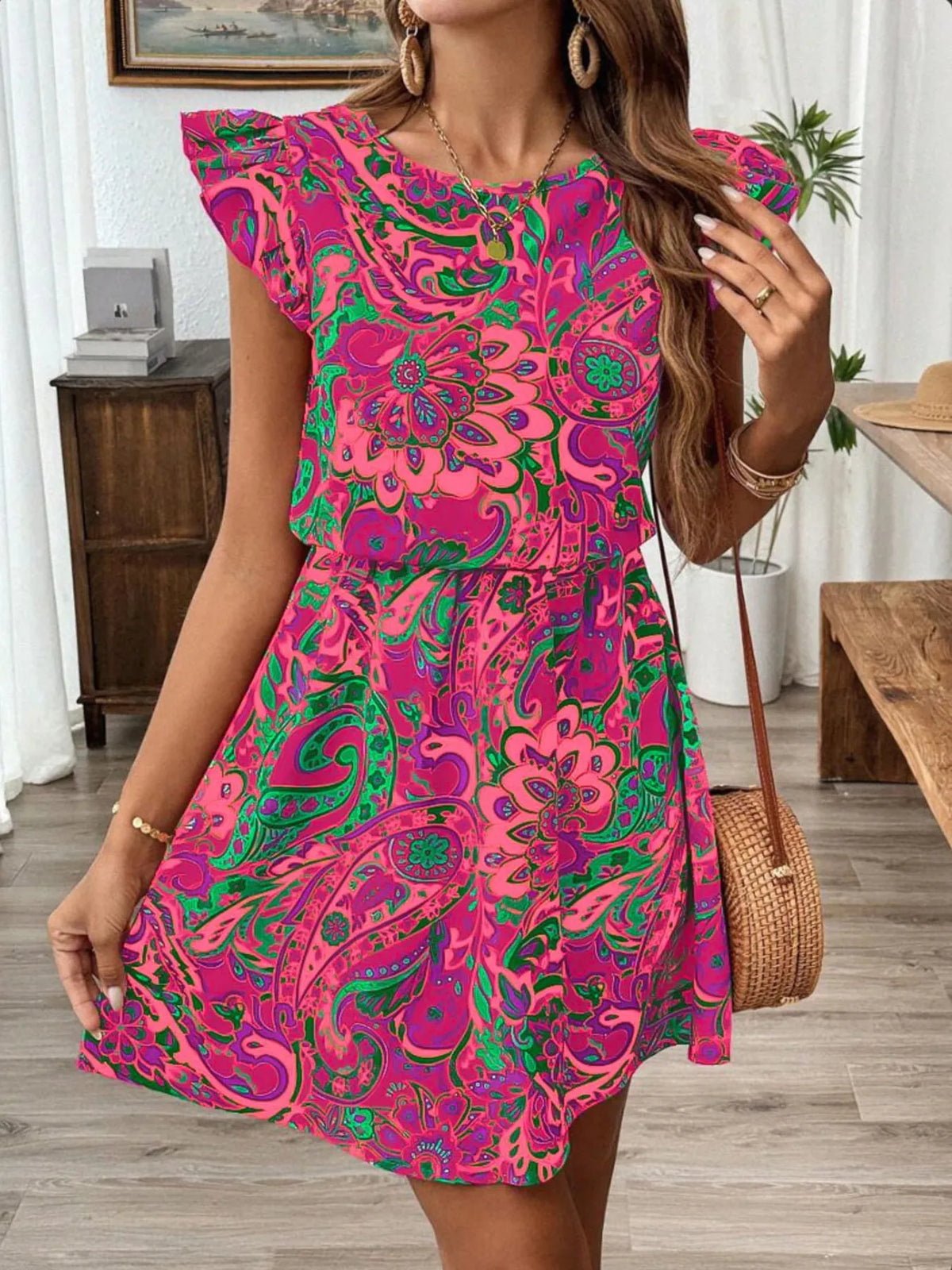 Paisley Print Ruffle Sleeve Mini Dress in Fuchsia Pink