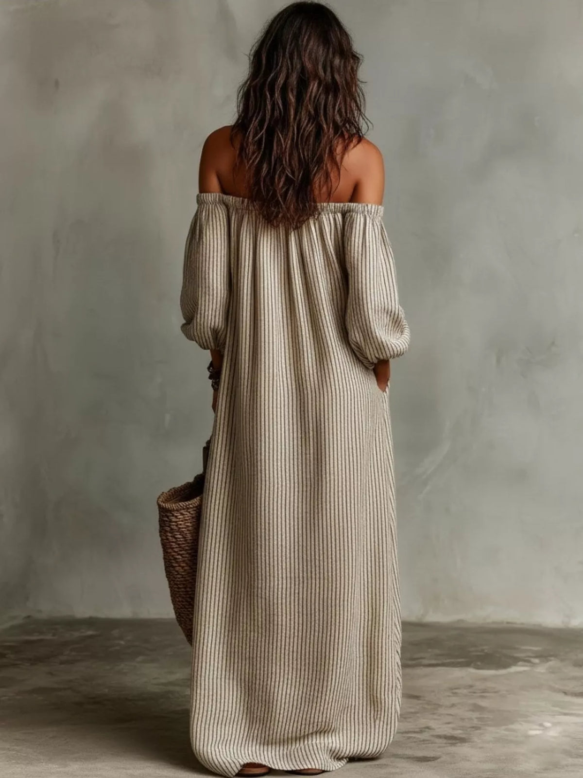 Off-Shoulder Striped Maxi Dress with Puff Sleeves