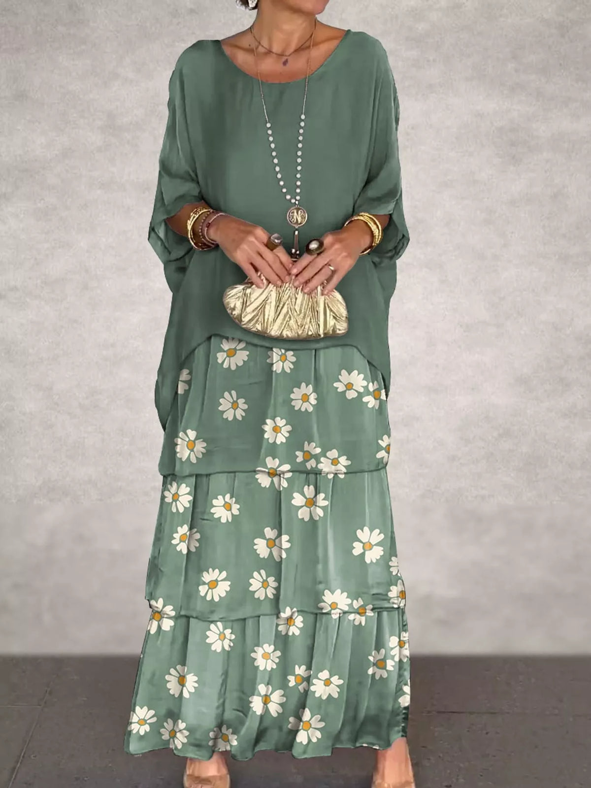 Layered Batwing-Sleeve Tiered Maxi Dress