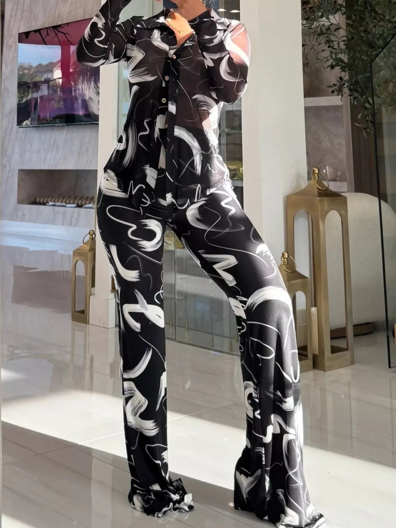 Printed Mesh Shirt and Pants Set