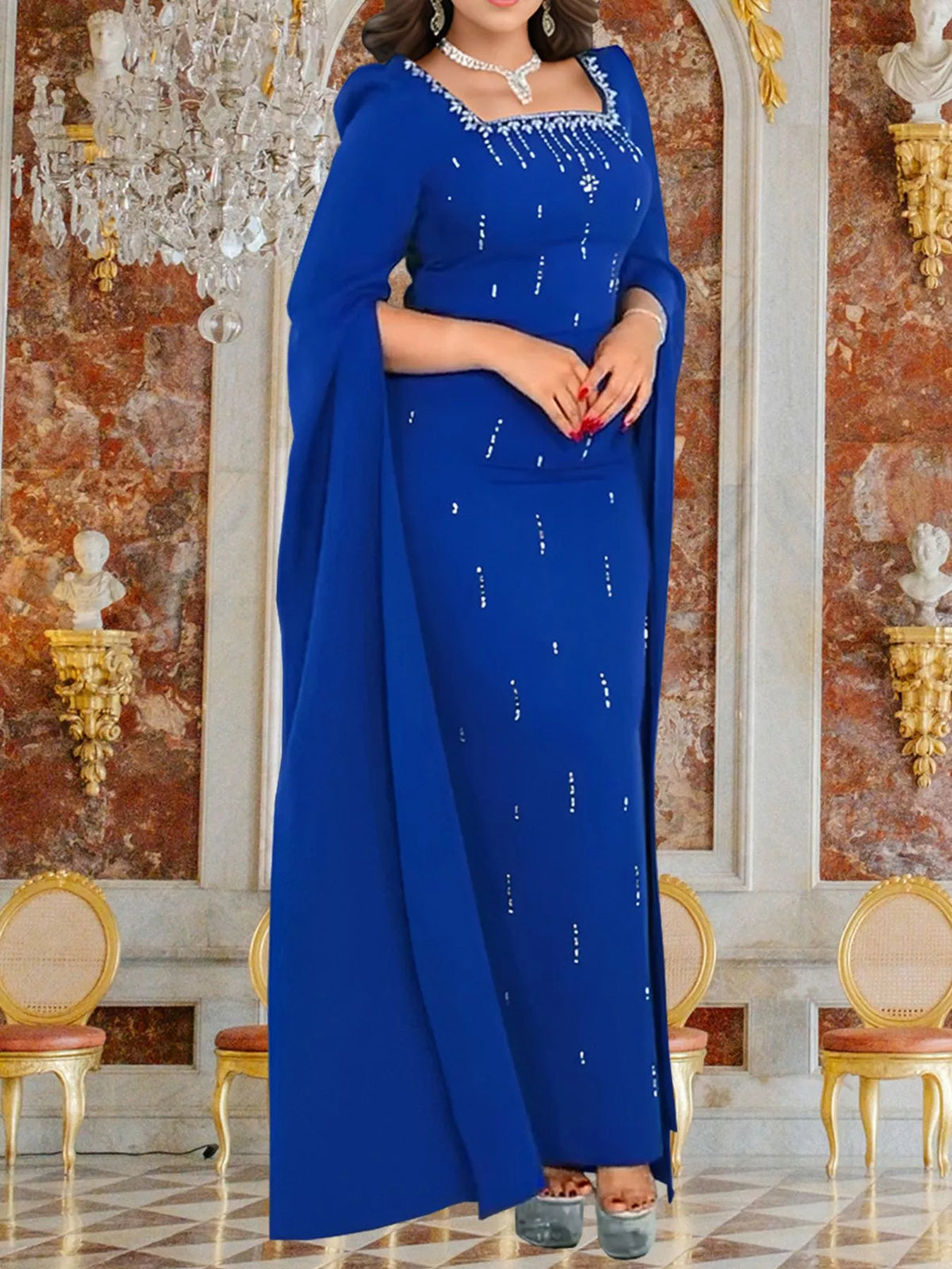 Rhinestone Square Neck Maxi Dress