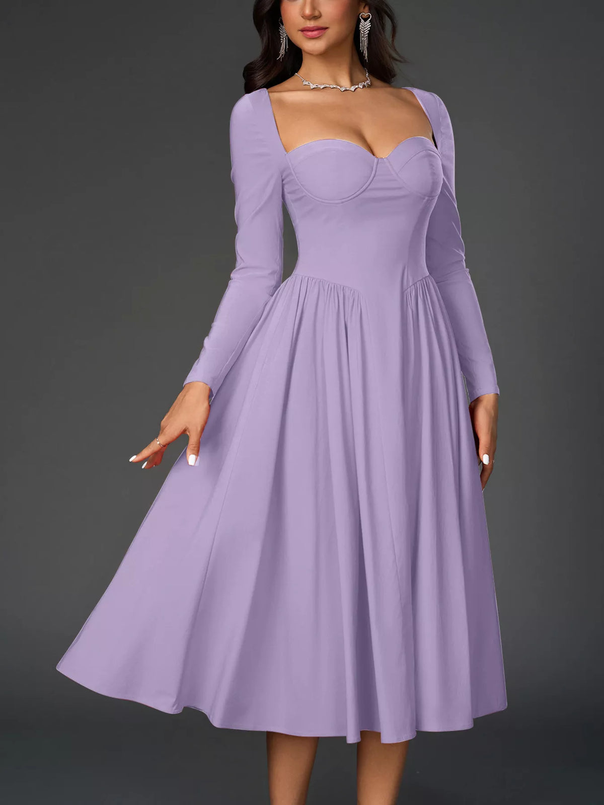 Sweetheart Neckline Long Sleeve A-Line Midi Dress