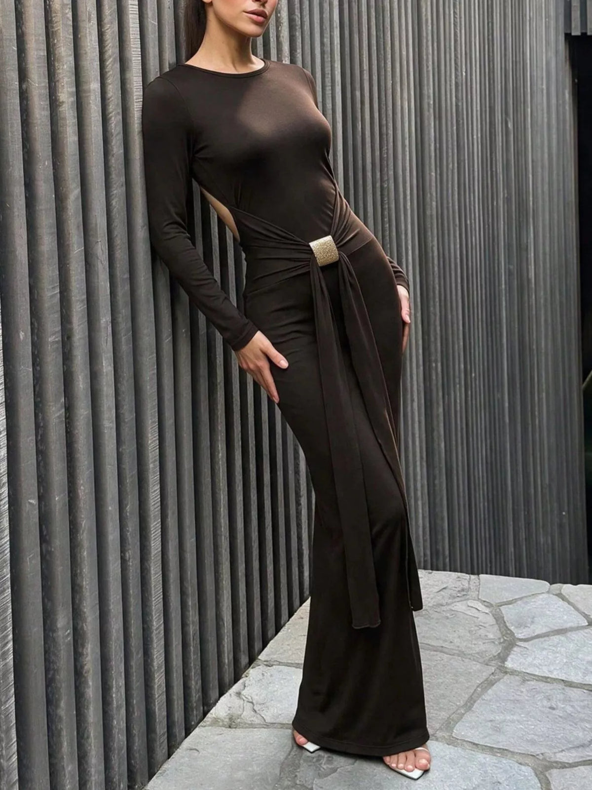 Backless Bodycon Maxi Dress in Brown