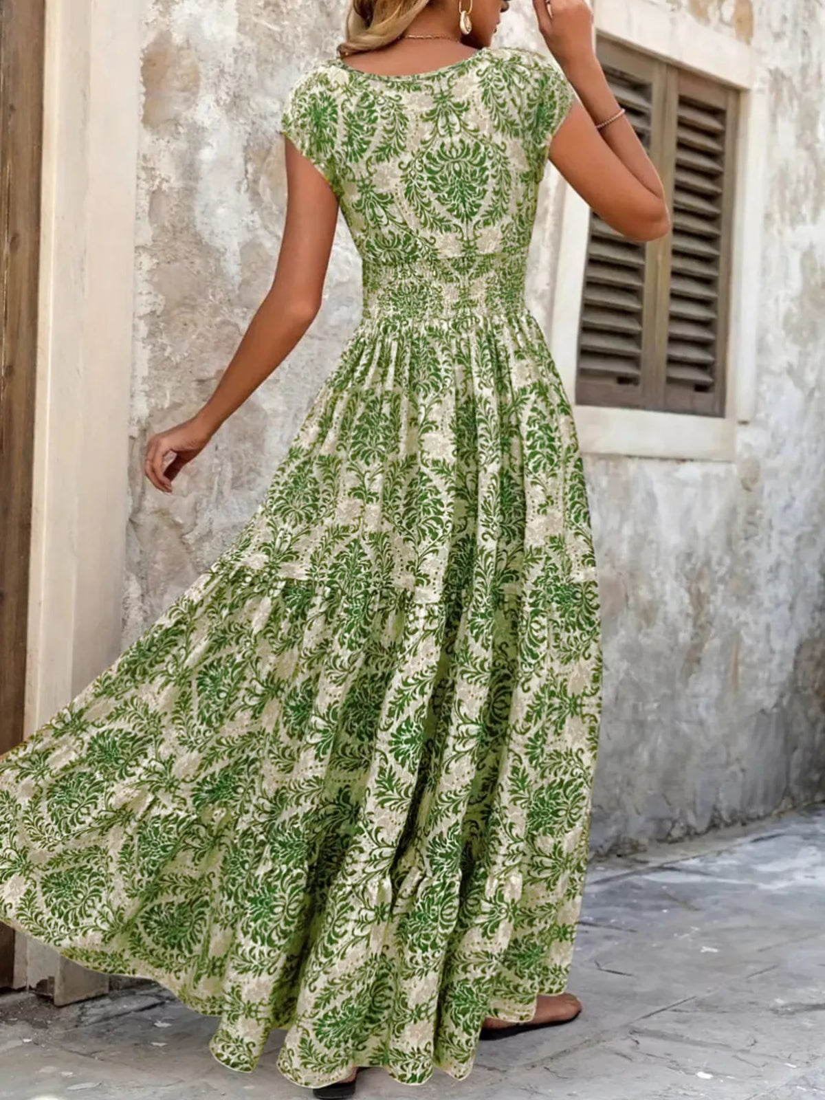 Smocked V-Neck Tiered Maxi Dress