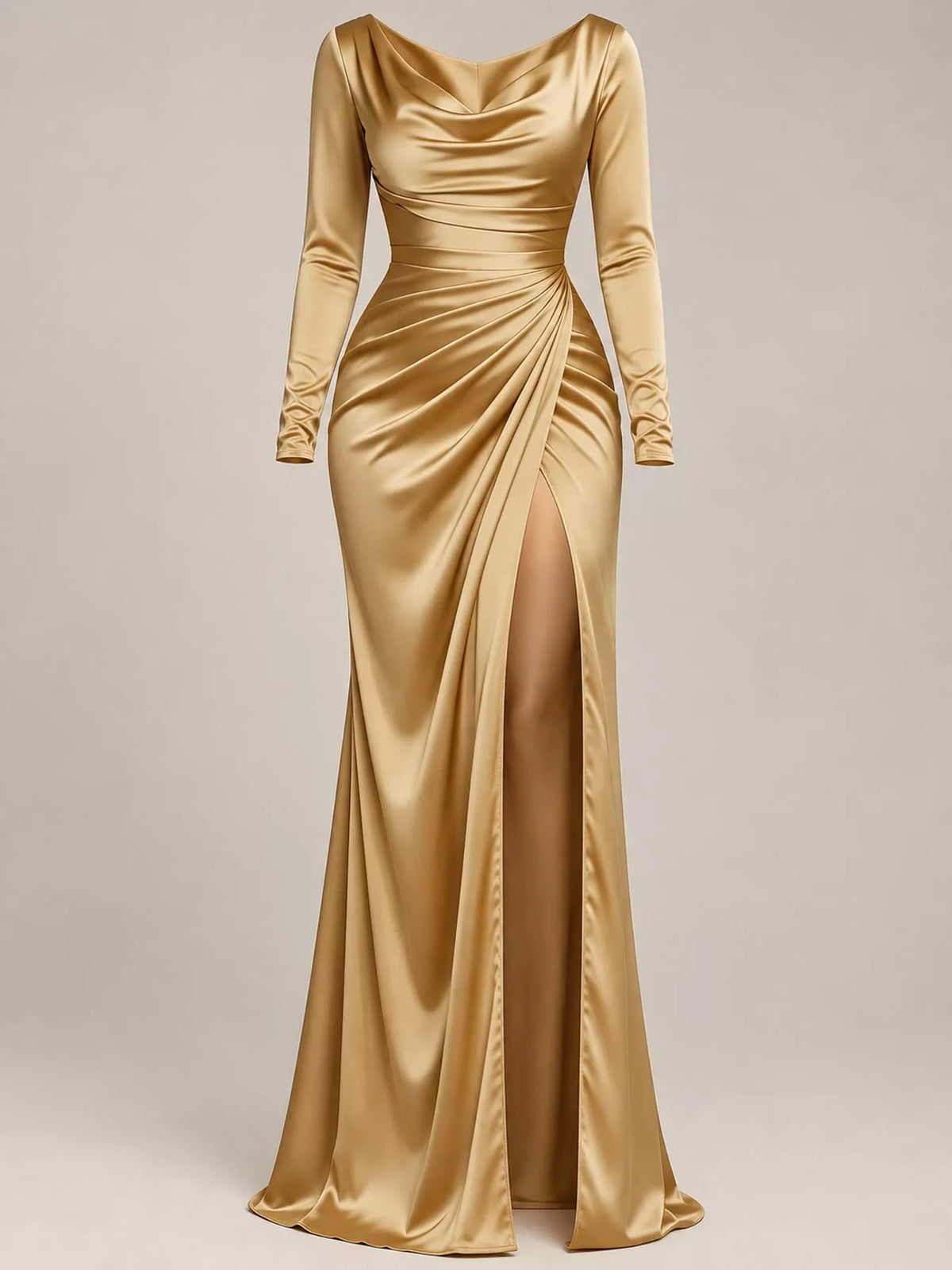 Satin Cowl Neck High Slit Evening Maxi Dress in Black