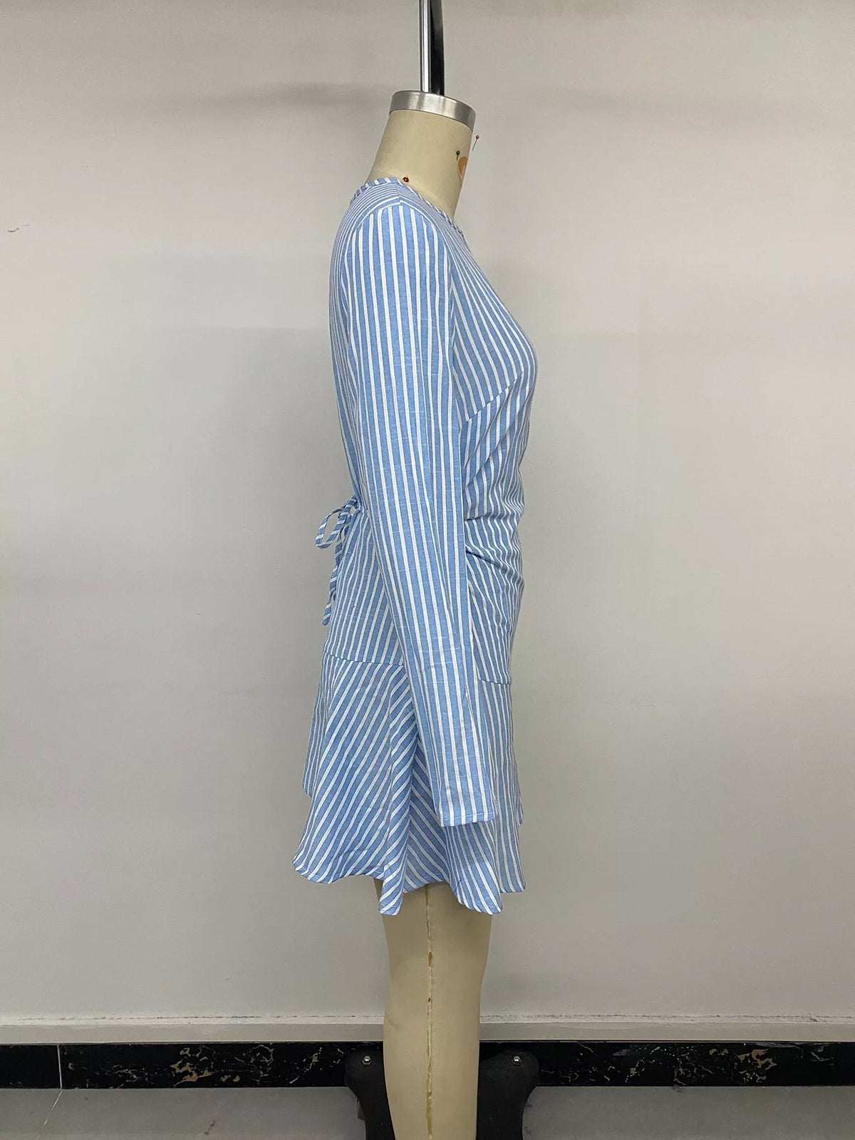 Striped Ruched Mini Dress in Blue