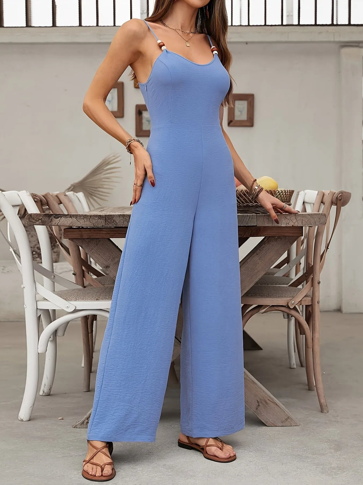 Spaghetti Strap Wide Leg Jumpsuit in Blue