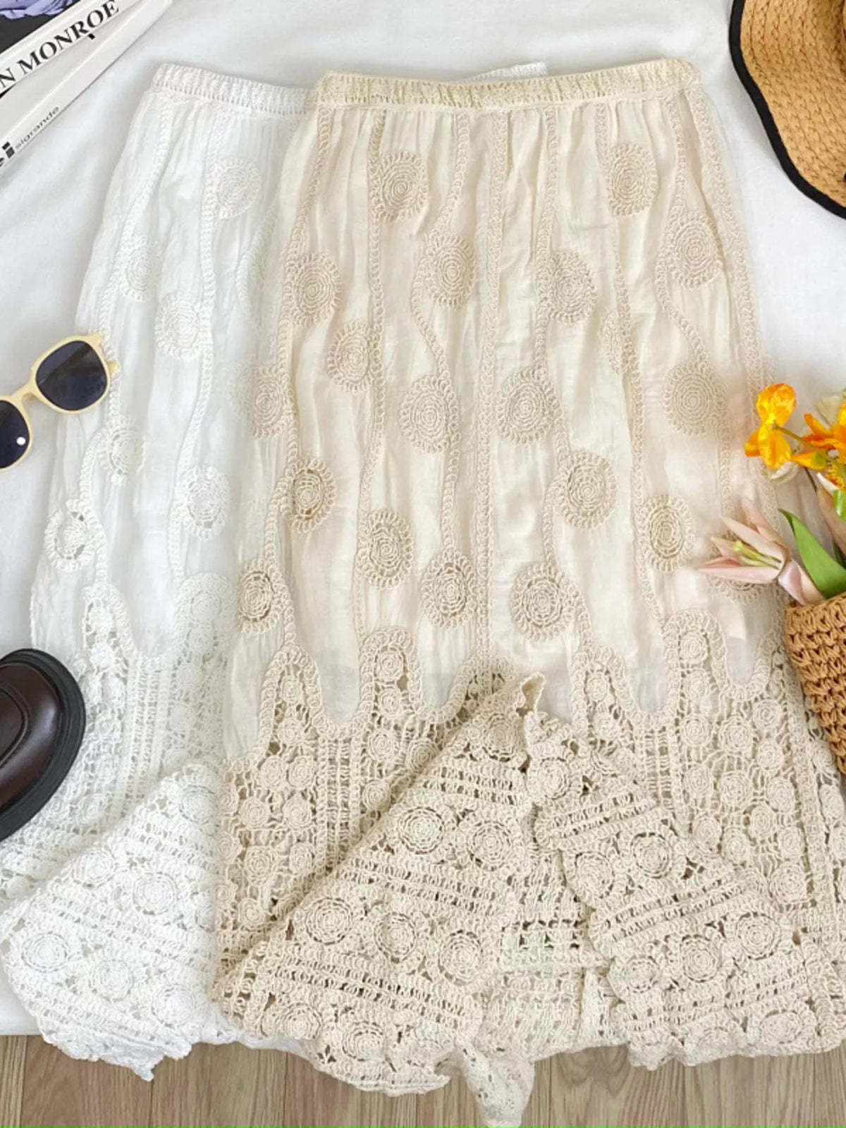 Lace Elastic-Waist Midi Skirt