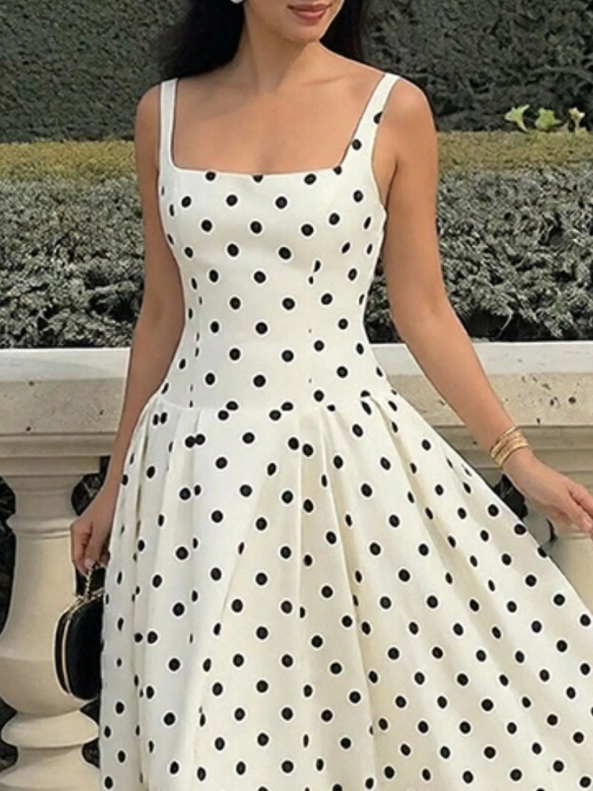 Polka Dot Square Neck Maxi Dress in Cream