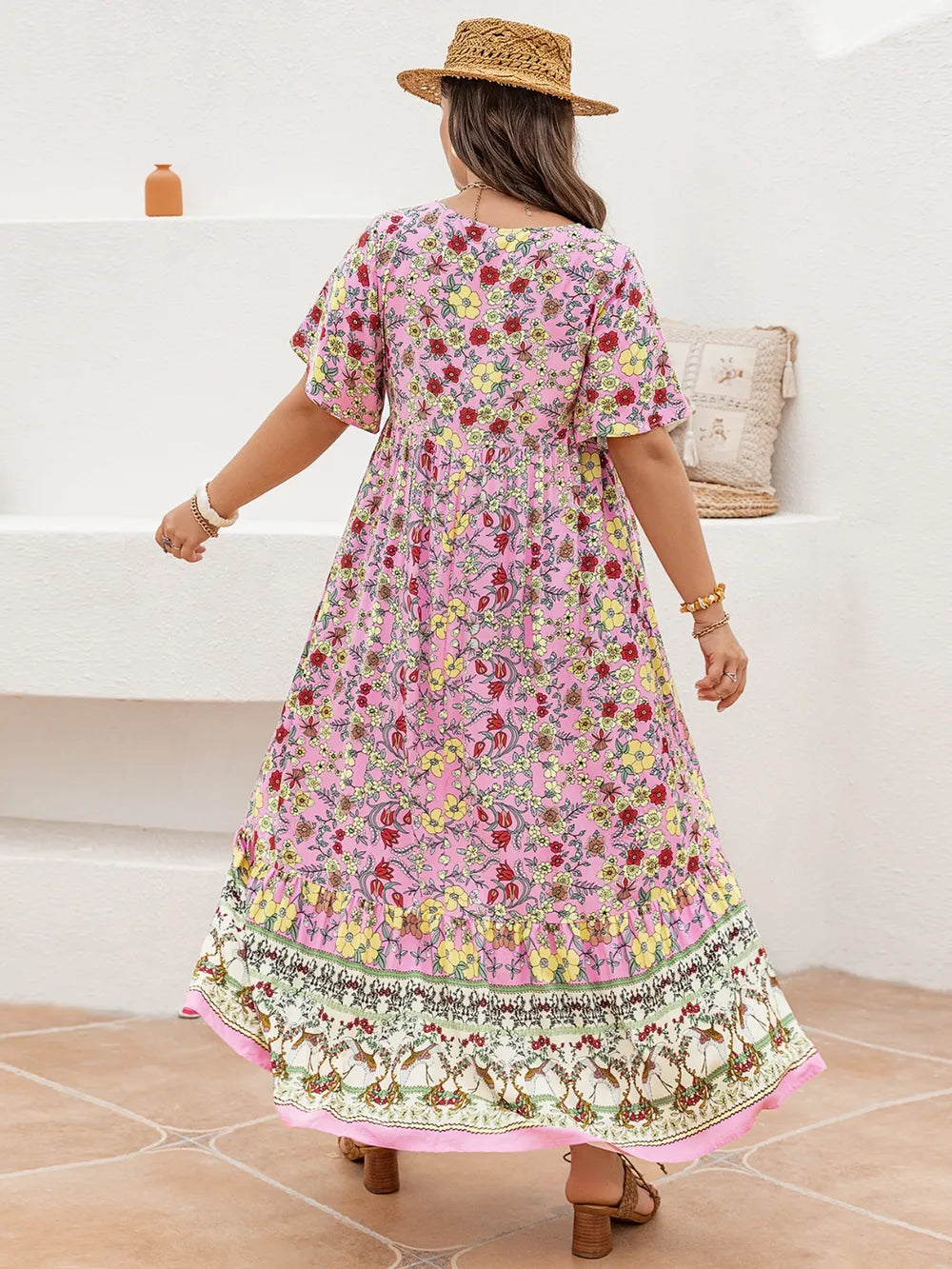 Floral Tie-Neck Flutter Sleeve Maxi Dress in Blush Pink