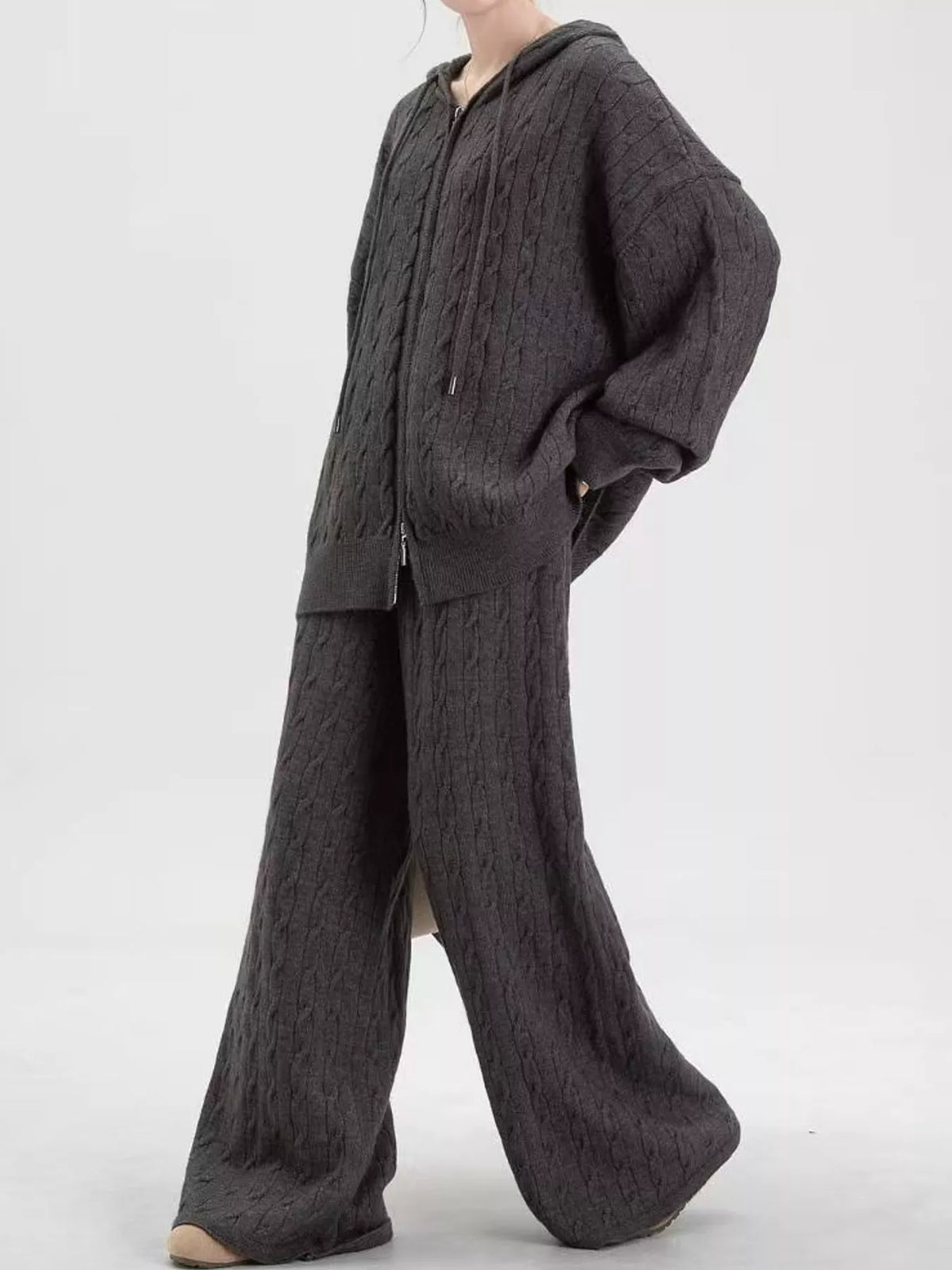 Cable Knit Zip-Up Hooded Cardigan and Wide-Leg Pants Set