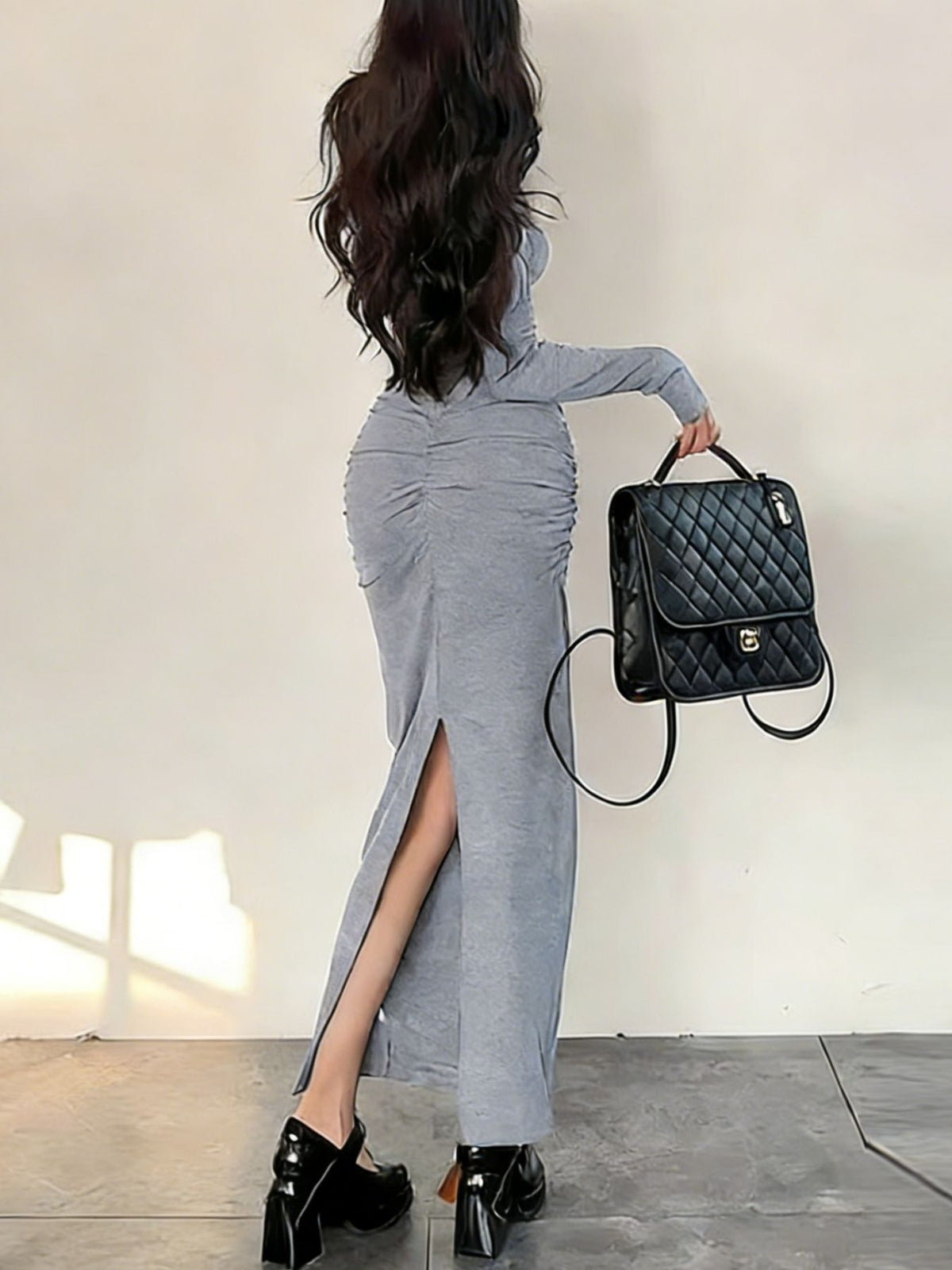 Long-Sleeve Ruched Bodycon Maxi Dress
