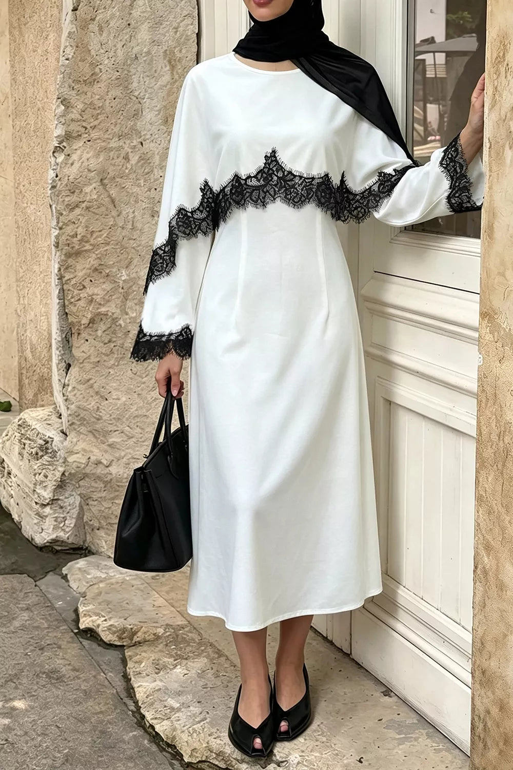 Lace Trim Round Neck Midi Dress in White