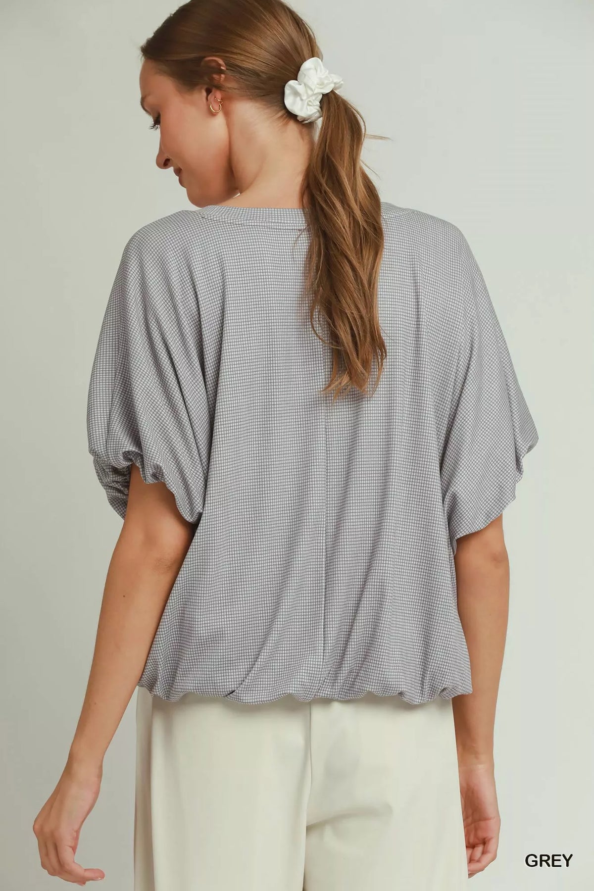 Umgee Checkered Bubble Hem Top in Grey