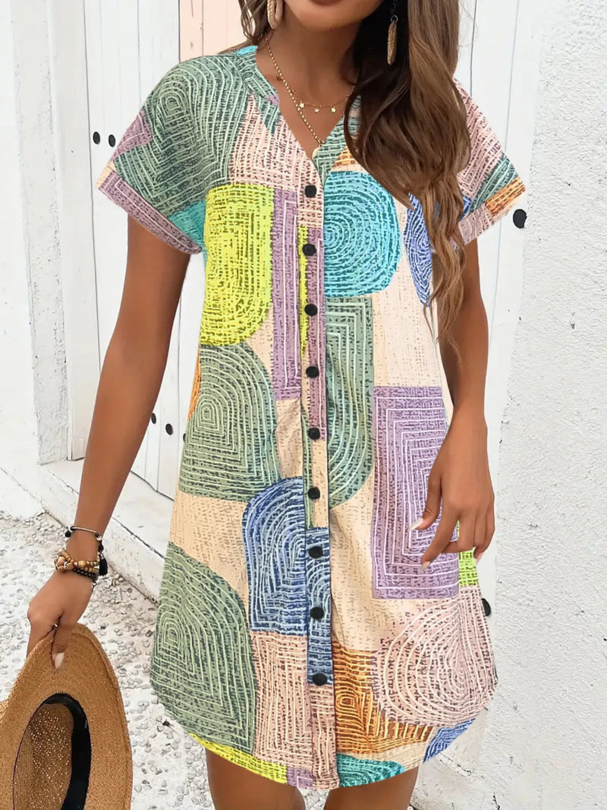 Geometric V-Neck Button-Front Dress