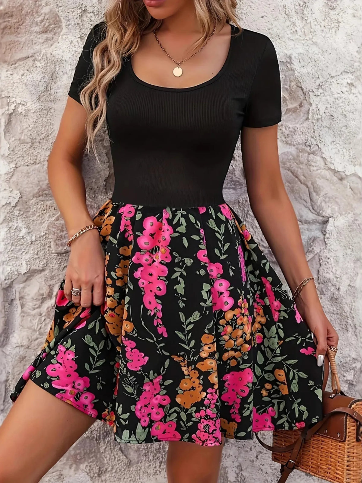Short Sleeve Floral Mini Dress by Classic Comfort